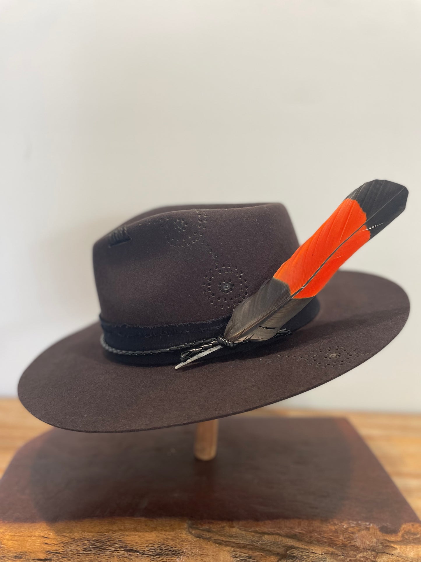 Journey- Brown Cacao Fedora paired with Make Black Cockatoo Feather