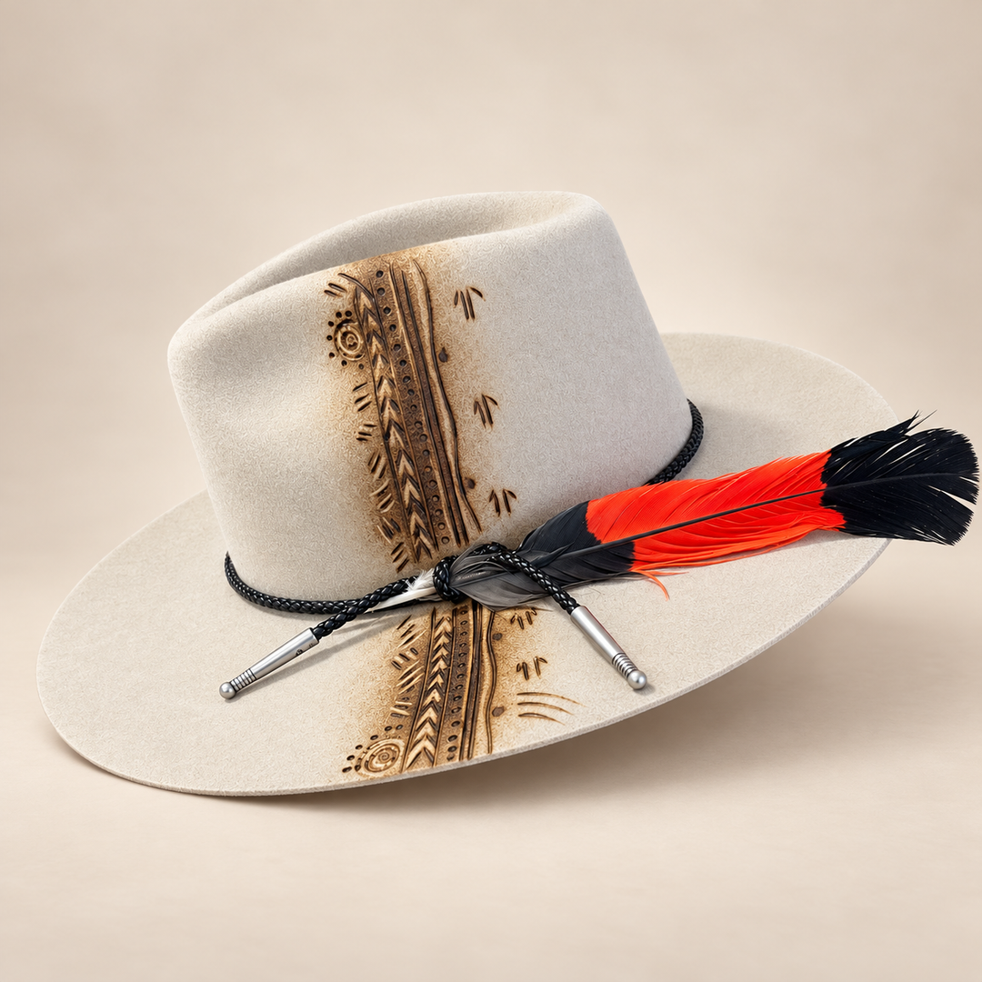 On country paired with male black/red cockatoo feather